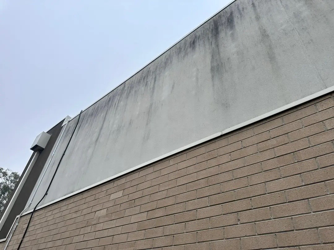 Upper rendered facade, before cleaning